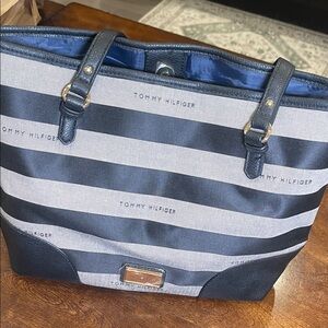 Tommy Hilfiger Black Gray Striped Tote Shoulder Bag Logo Purse